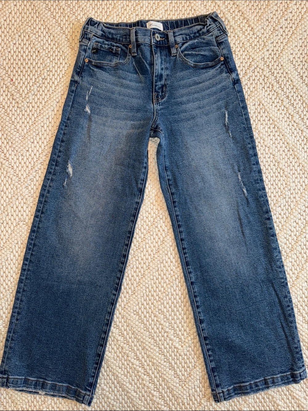 High-Rise Wide Leg Distressed Jeans - Blue Wash
